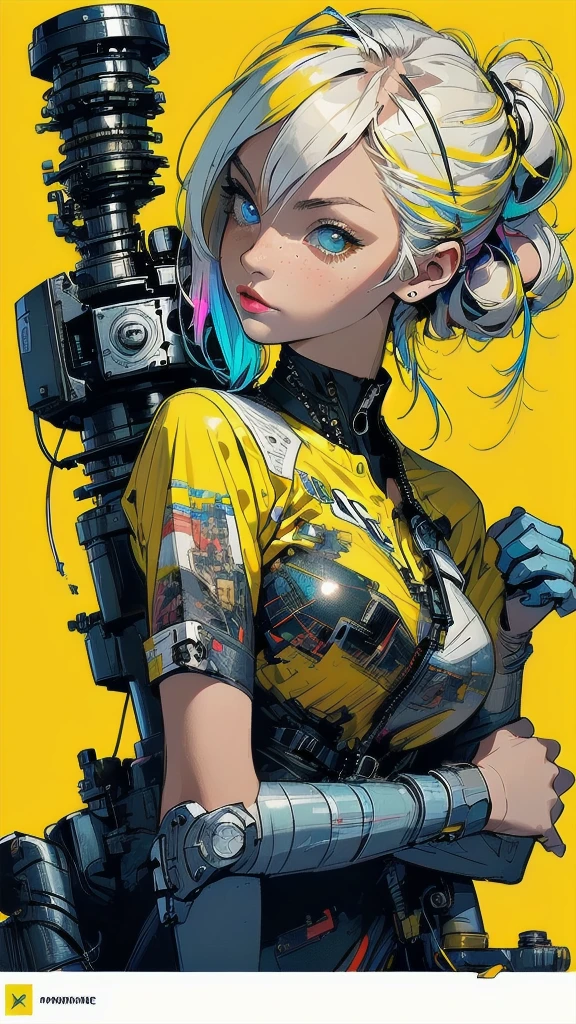 (((masterpiece, highest quality))),(((solo:1.2))),(((1girl:1.2))),32k wallpaper, very detailed, poster, vintage science fiction,(((((geometric cinematic movie poster))))), ((bauhaus)),(shape),(((abstract))),(mid century modern),movie poster,(((((portfolio))))),(((((Close-up))))),(((((bust up))))),((((more various angle)))),((((highlight)))),((((heterochromia)))),(((complete. detailed face))),((((Extremely talented)))),(((((most complecated futristic machine))))),(Colorful color scheme),(((detailed unlimited mechanic complete Equipment))),(((Absolutely Bright yellow background))),((Matte texture background))