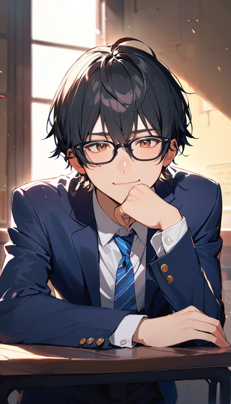 18 years old, a handsome boy, Black Hair, Short Hair,Glasses, blazer,Blue tie, high school student,Introvert,Looks lonely,Bitter smile,((looking at the camera))