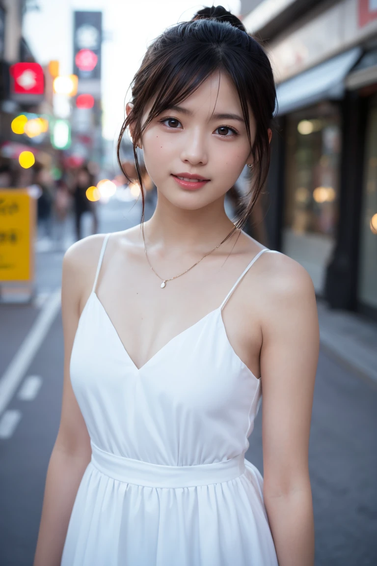 black eye、woman 1人、20-year-old、(((woman)))、solo、Realistic、Highest quality、Photorealistic、masterpiece、8k、High resolution、solo、Highly detailed face、(Professional Lighting、Bokeh Depth of Field)、(Particles of light、Lens flare、Luminous Particles:0.6)、(Dynamic Pose:1.2)、Soft lighting、Top view angle、Fashionable and trendy atmosphere、Japanese、street、Tokyo、city、((Daytime)) 、null、((Viewer Perspective:1))、(Looking into the camera)、(Portrait:0.6)、Cowboy Shot、Gorgeous、Are standing、Maintains natural facial proportions、Broad shoulders、Whole Body Ezbian、(Small breasts)、 (Medium Hair)、Brown Hair、Floating Hair、Lips、lipstick、A seductive smile、Floating Hair、Laughter、Open your mouth、(dress)、(ponytail)、Sheol、(Mole under the eye:1)、dressの色はランダム