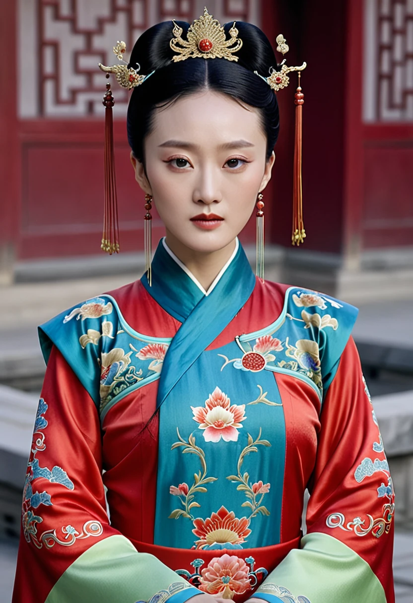 Chinese actress Ruyi Den's Jyou Xun (Zhou Xun) resembles a Qing Dynasty empress, seen from the front, with the empress' red costume open over her body, hairy cunt.
Nudity. Chinese drama.
Hair parted left and right from the center of the forehead with a large crown of a Chinese empress, tied back, hair tied up with ornamental hair, outside stone tatami of a Qing Dynasty Chinese palace.