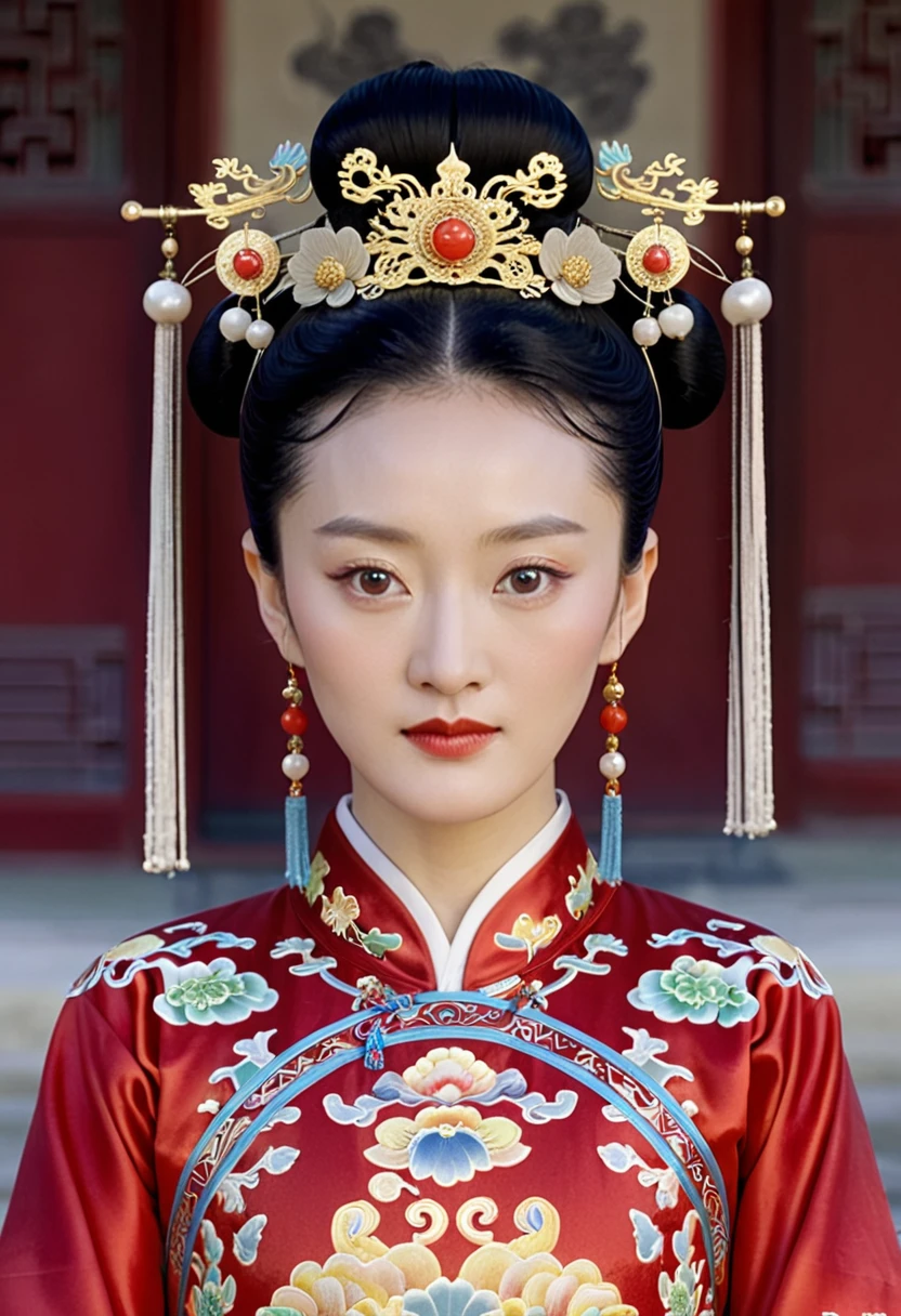 Chinese actress Ruyi Den's Jyou Xun (Zhou Xun) resembles a Qing Dynasty empress, seen from the front, with the empress' red costume open over her body, hairy cunt.
Nudity. Chinese drama.
Hair parted left and right from the center of the forehead with a large crown of a Chinese empress, tied back, hair tied up with ornamental hair, outside stone tatami of a Qing Dynasty Chinese palace.