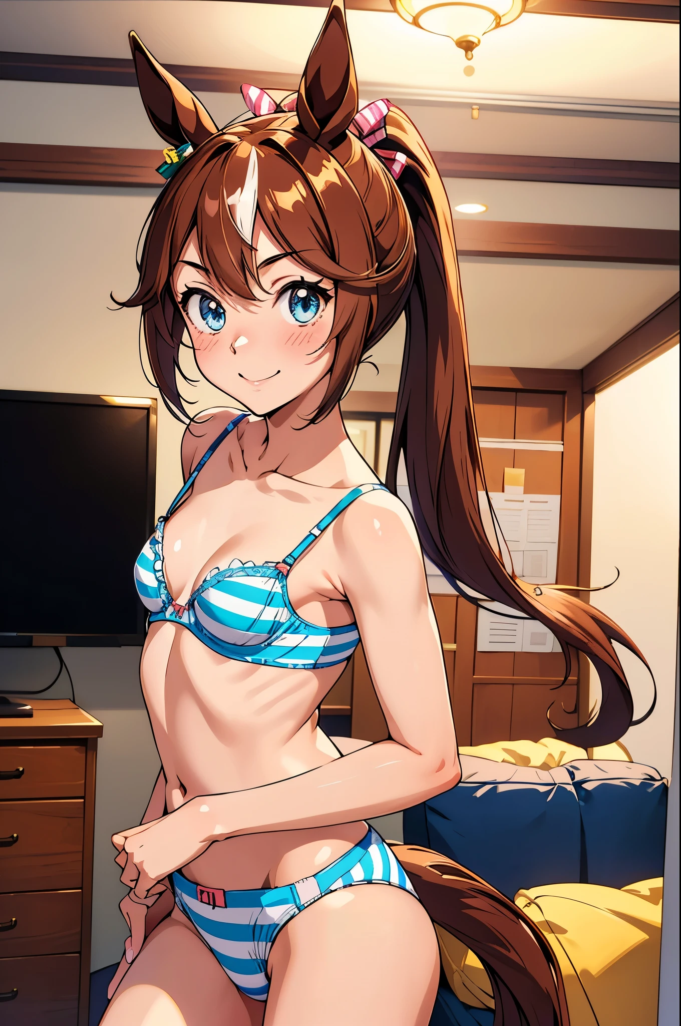 Tokai Teio \(umamusume\), ((Highly detailed eyes)), masterpiece, Highest quality, (abnormal body, Small breasts, (Horse tail) ,smile, blush, (indoor, office, living room), whole body, frontage, Long ponytail, (Striped panties), (Striped bra), (In underwear), (Flashy underwear), (lingerie), 