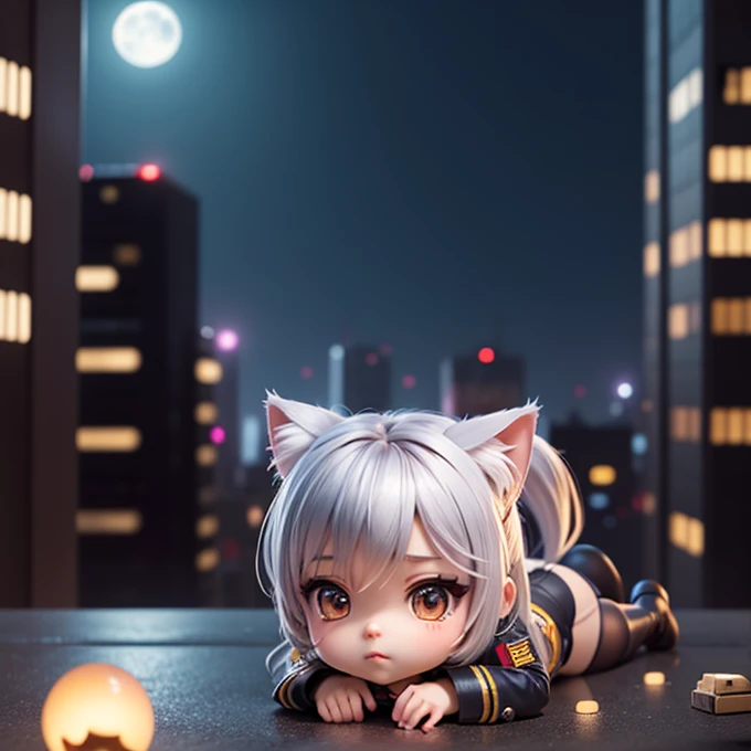 (Chibi Character:1.3), A silver-haired girl with cat ears wearing a military uniform, ponytail, mini skirt, See-through tights, Combat Boots, (Open the chest:1.3), Lying face down and looking at the viewer, Shoot the viewer with a sniper rifle, Skyscraper rooftop, A quiet night full of tension, Night city background, moonlight