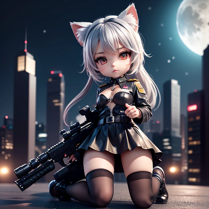 (Chibi Character:1.3), A silver-haired girl with cat ears wearing a military uniform, ponytail, mini skirt, See-through tights, Combat Boots, (Open the chest:1.3), Lying face down and looking at the viewer, Shoot the viewer with a sniper rifle, Skyscraper rooftop, A quiet night full of tension, Night city background, moonlight