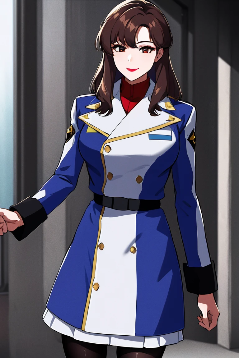 masterpiece, best quality, highres, best quality, highres,1girl, bangs,brown_hair, long_hair,red eyes,lipstick,makeup, strong pose, smile,military uniform, military,jacket,blue and white uniform,Skirt, (black_pantyhose:1.3), walking in streets,pose ,modern fashion,NSFW,official art,extremely detailed CG unity 8k wallpaper, perfect lighting, (masterpiece:1.0),(best_quality:1.0), ultra high res,4K,ultra-detailed, photography, 8K, HDR, highres, absurdres:1.2, Kodak portra 400, film grain, blurry background, bokeh:1.2, lens flare, (vibrant_color:1.2),(beautiful_face:1.5),(narrow_waist),(perfect hands, perfect anatomy),
