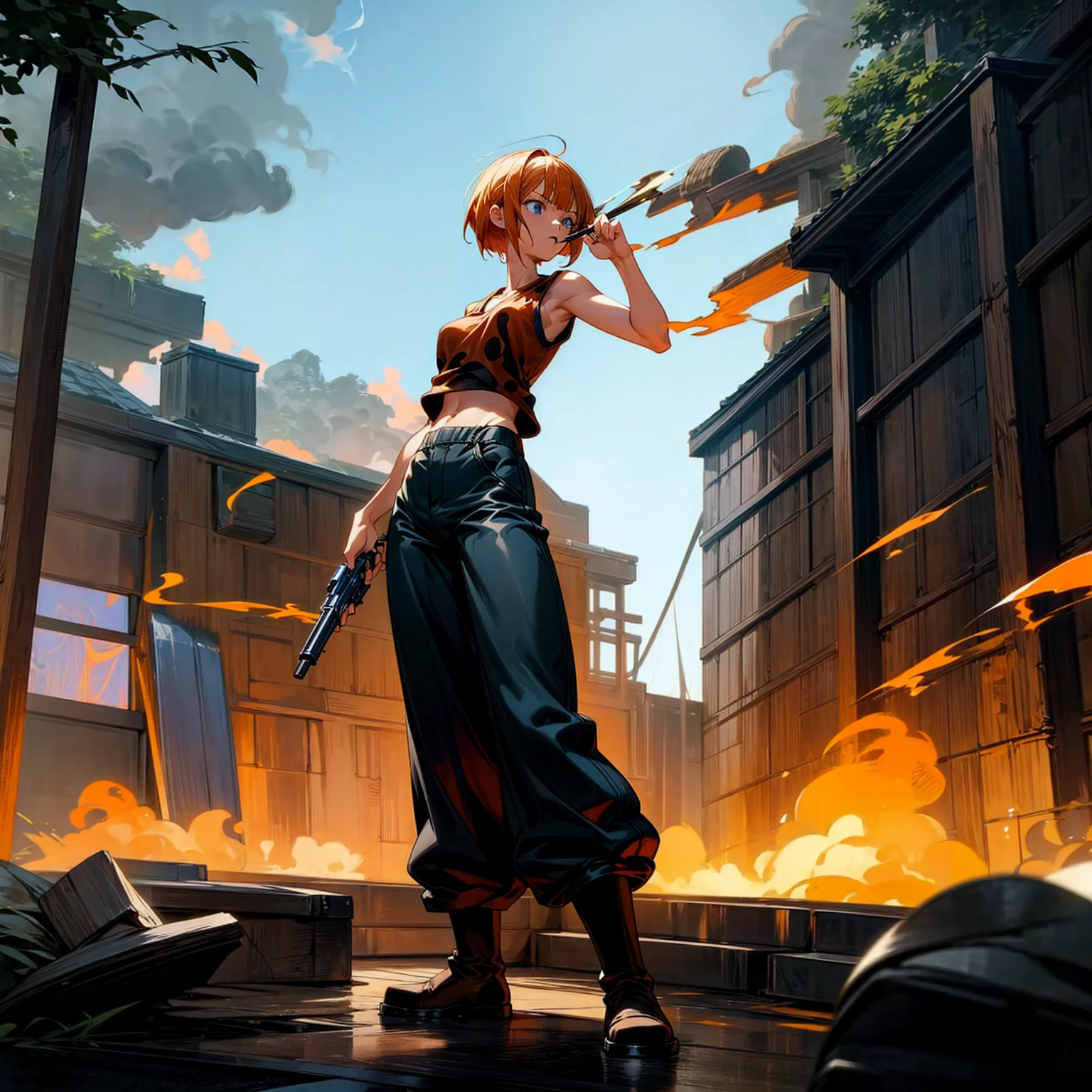 Background in the outdoor bar, Grassroots, one piece style art, Full body version, women, orange hair, short bob hairstyle, black singlet t-shirt, long pants, brown boots, blue eyes, standing battle gesture, hand gun inn two hand, smoke effect