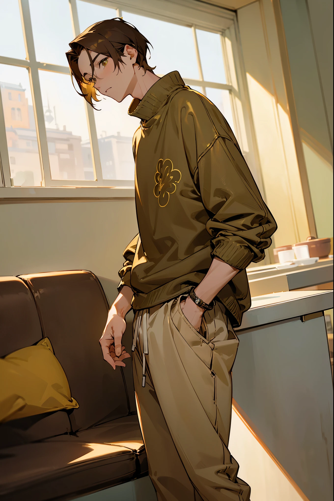 1male, ash brown hair, styled in a relaxed side part, striking gold eyes, casual expression, oversized light gray sweatshirt with a subtle graphic print, baggy olive green chinos, comfy white sneakers, a minimalistic leather bracelet, cozy indoor café background with warm lighting and casual seating, detailed face, hands to side, standing on path