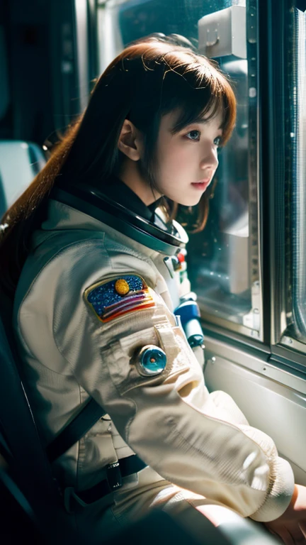 Japanese girl in space suit looking at earth from window, 15 years old, space station, cinematic shot, sci-fi movie scene, ((masterpiece, best quality, award winning, highest resolution, photorealistic, raw photo, 8K wallpaper))