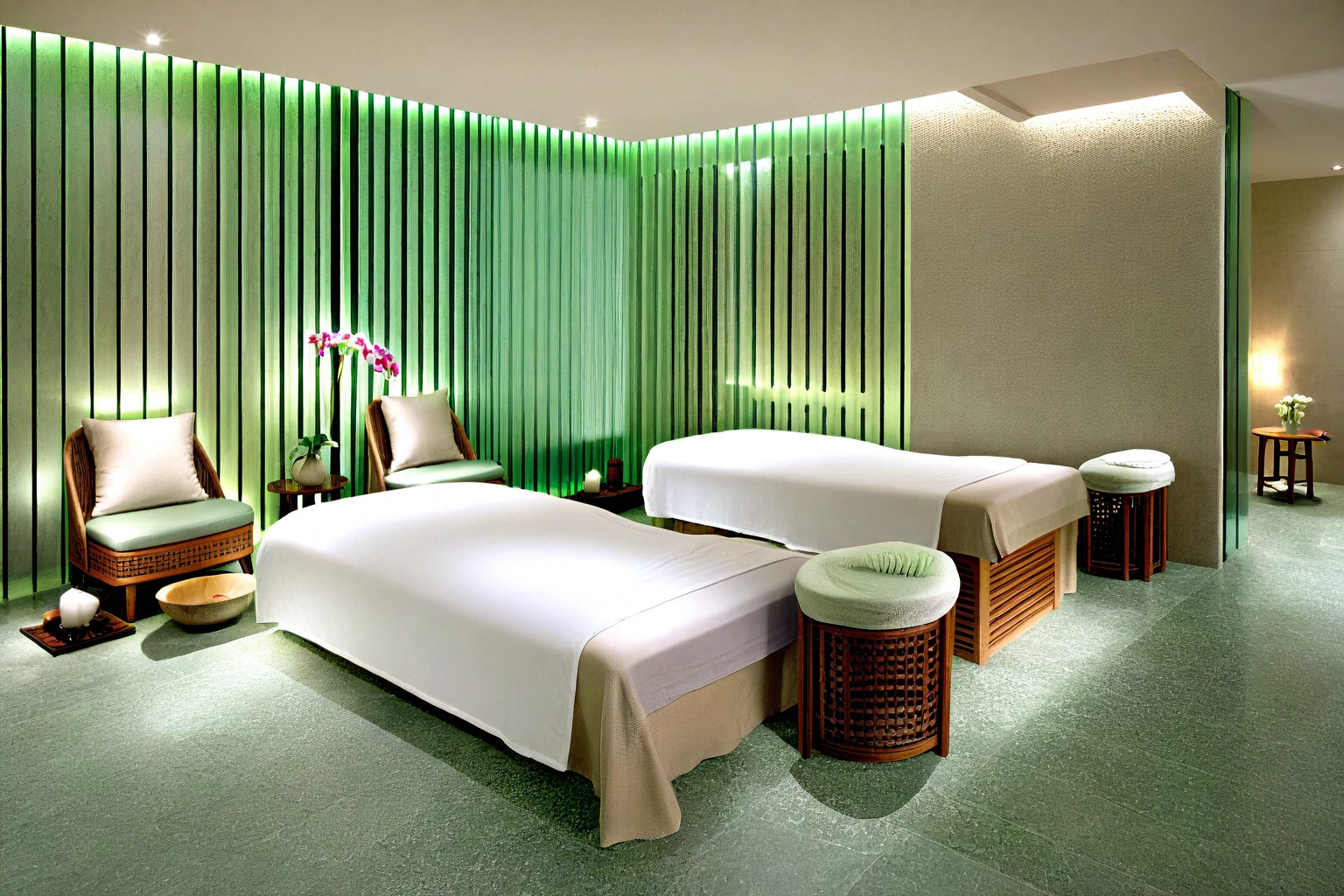 Raw photo,Masterpiece, high quality, best quality, authentic, super detail,
indoors, interior , (( SPA AND HEATHY CENTER :1.3)), modern style, daylight, (GREEN TONE : 1.2),marble tile floor, 