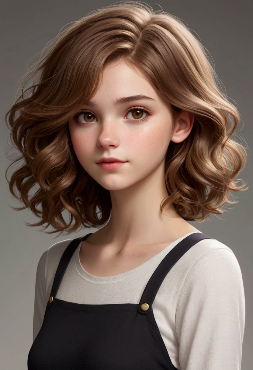 Create a girl with a slim build, 17 years old, measuring 1.62, Light brown hair, White skin, light brown eyes, short hair above the shoulders, wavy hair, slanted eyes a little closed and smaller 