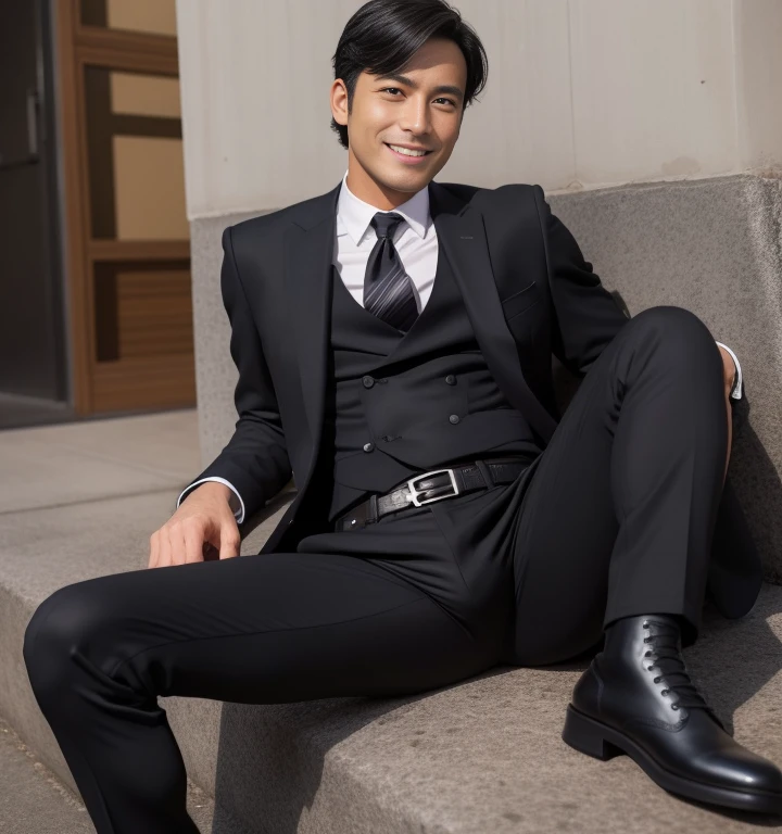 40 years old,One Man,Black Suit,Cliff in the mountainafia、Sit with your legs open、Hold a gun,logic,Gay ,Black Hair、Short Hair,Stubble,Asian Faces,Bulging in the crotch area of pants、Hermes Belt、Smile a little