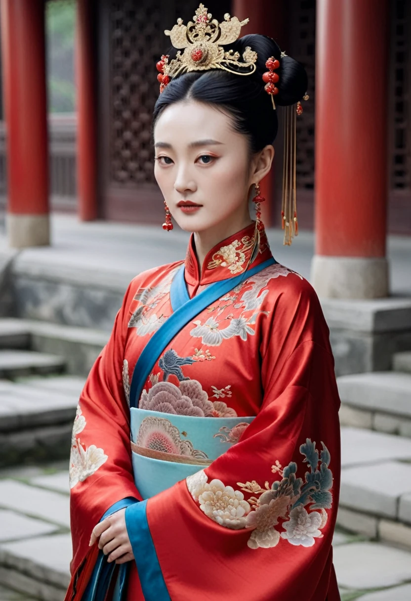 Chinese actress Ruyi Deng's Jyou Xun (Zhou Xun) similar face Qing Dynasty empress seen from the front wearing full-body empress red costume with open front, hairy cunt. Nudity. Chinese drama. Hair parted left and right from the center of the forehead with a large crown of a Chinese empress, tied back, hair tied up with ornamental hair, outside stone tatami of a Qing Dynasty Chinese palace.