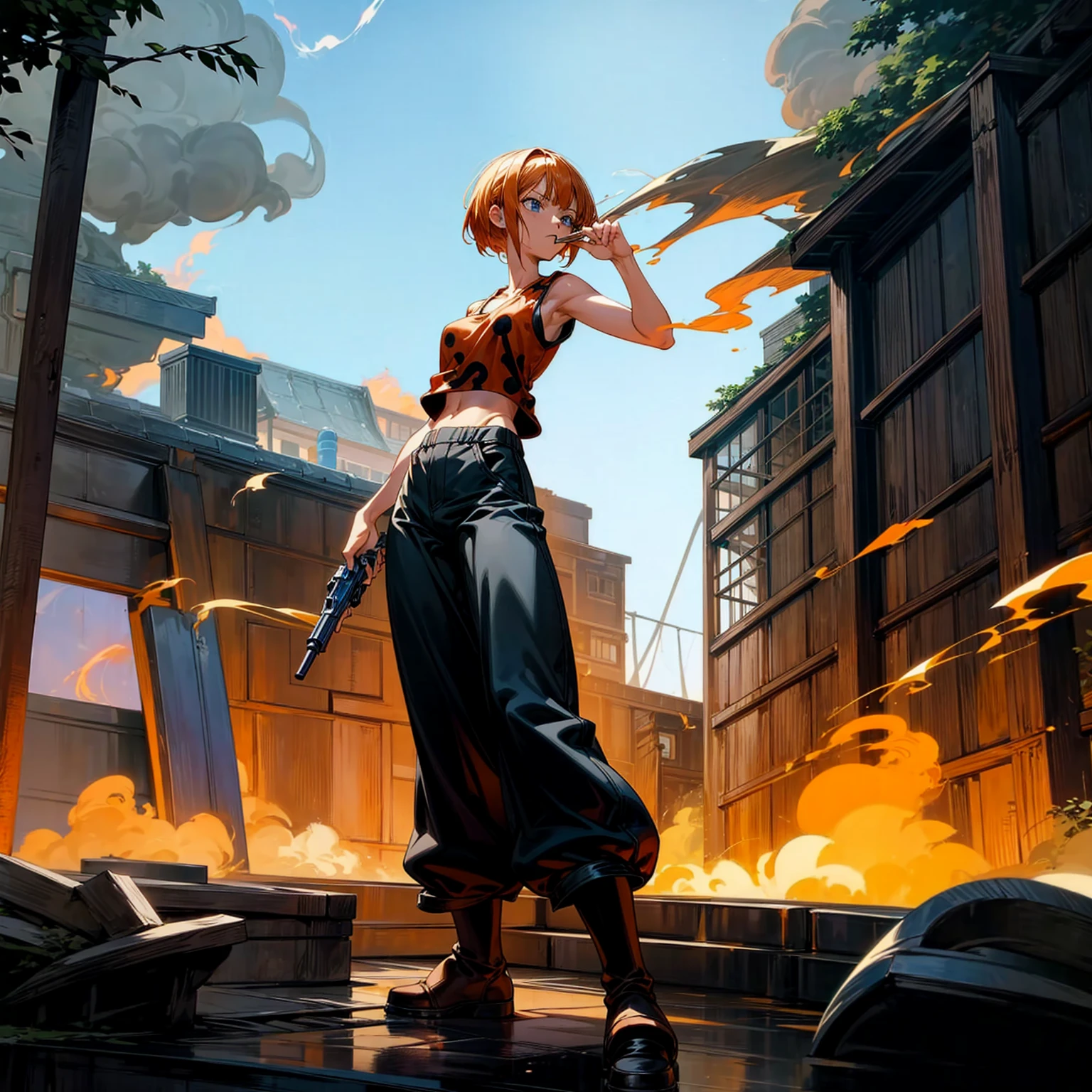 Background in the outdoor bar, Grassroots, one piece style art, Full body version, women, orange hair, short bob hairstyle, black singlet t-shirt, long pants, brown boots, blue eyes, standing battle gesture, hand gun inn two hand, smoke effect