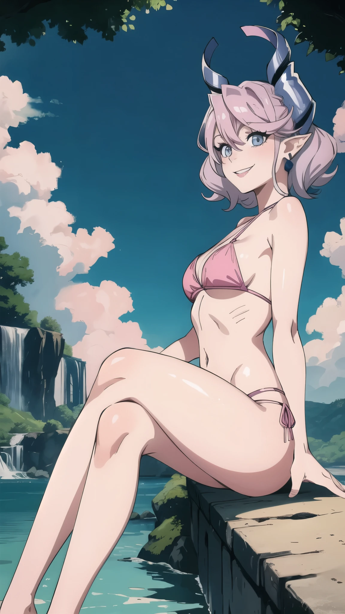Waterfalls High level image quality best image quality 8K adult woman background a lake in the middle of jungle outside more colors whole body view portrait wearing deep pink bikini pink horn ears short hair((shortcut)(gray hair)(perm)(fluffy)) eye color is blue , , attractive evil face , smile , sexy pose , labrynth , barearm , both arms over head , wearing deep pink , crossed legs ,