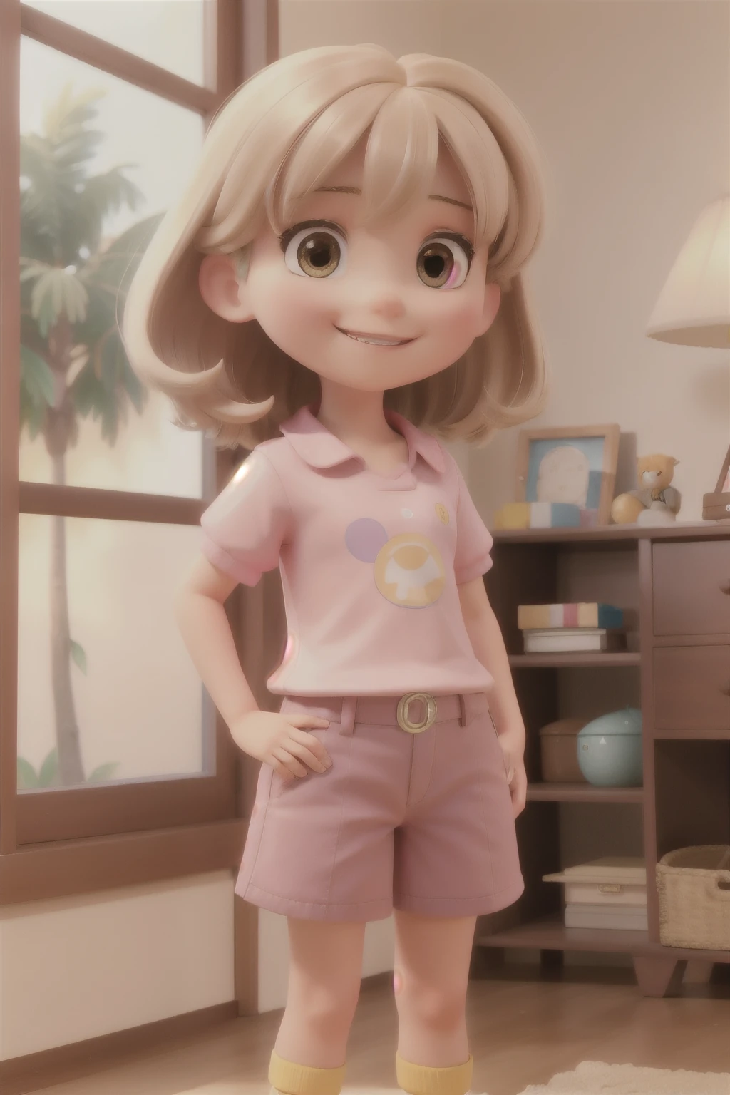 , 3 years old, white, straight light brown hair with bangs, dark brown eyes, wearing pink shorts and yellow blouse, pink sandal, hand on the waist, Grinning