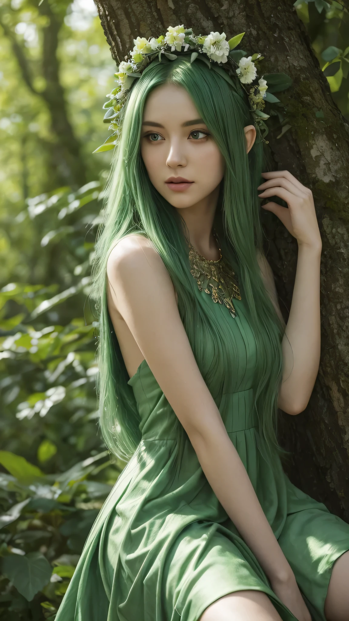 arafed woman with green hair and a flower crown sitting on a tree, green flowing hair, very beautiful elven top model, long green hair, green dress, green hair, anime girl in real life, in green forest, light green tone beautiful face, green mane, soft green natural light, ig model | artgerm, dark green hair, some green