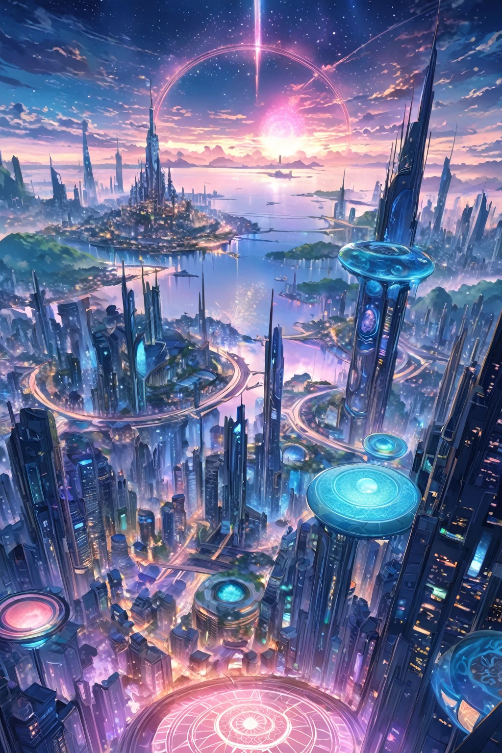 A painting of a Highly detailed, beautiful landscape, Futuristic city fantasy city, metropolitan, futuristic city with magic circle, beautiful beach, concept art inspired by Tosa Mitsuoki, pixiv contest winner, best quality, fantasy art, beautiful anime scene, dream painting, Anime Background Art, Fantasy Landscape Art, Fantasy Night, Anime Background, Background Artwork, Fantastic Art, Atmospheric Anime, Night Sky, Detail Enhanced.
