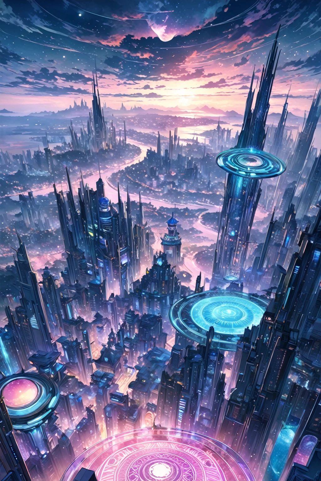 A painting of a Highly detailed, beautiful landscape, Futuristic city fantasy city, metropolitan, futuristic city with magic circle, beautiful beach, concept art inspired by Tosa Mitsuoki, pixiv contest winner, best quality, fantasy art, beautiful anime scene, dream painting, Anime Background Art, Fantasy Landscape Art, Fantasy Night, Anime Background, Background Artwork, Fantastic Art, Atmospheric Anime, Night Sky, Detail Enhanced.