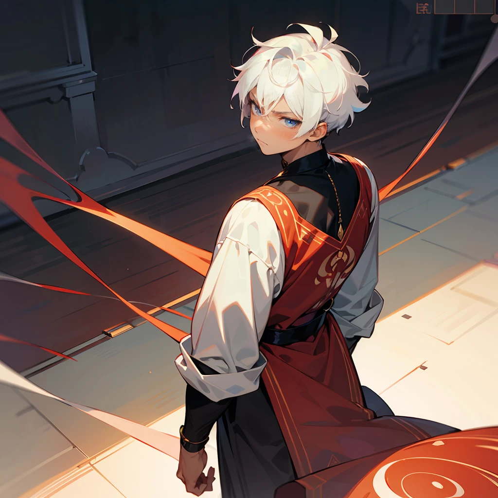 1male, Modern Undercut Hair ,Young Male, Curly White Hair , Pale Blue Eyes , Dark Skin , Black Yukata with Red Swirl Designs on the sleeve , Serious Expression , Standing on path