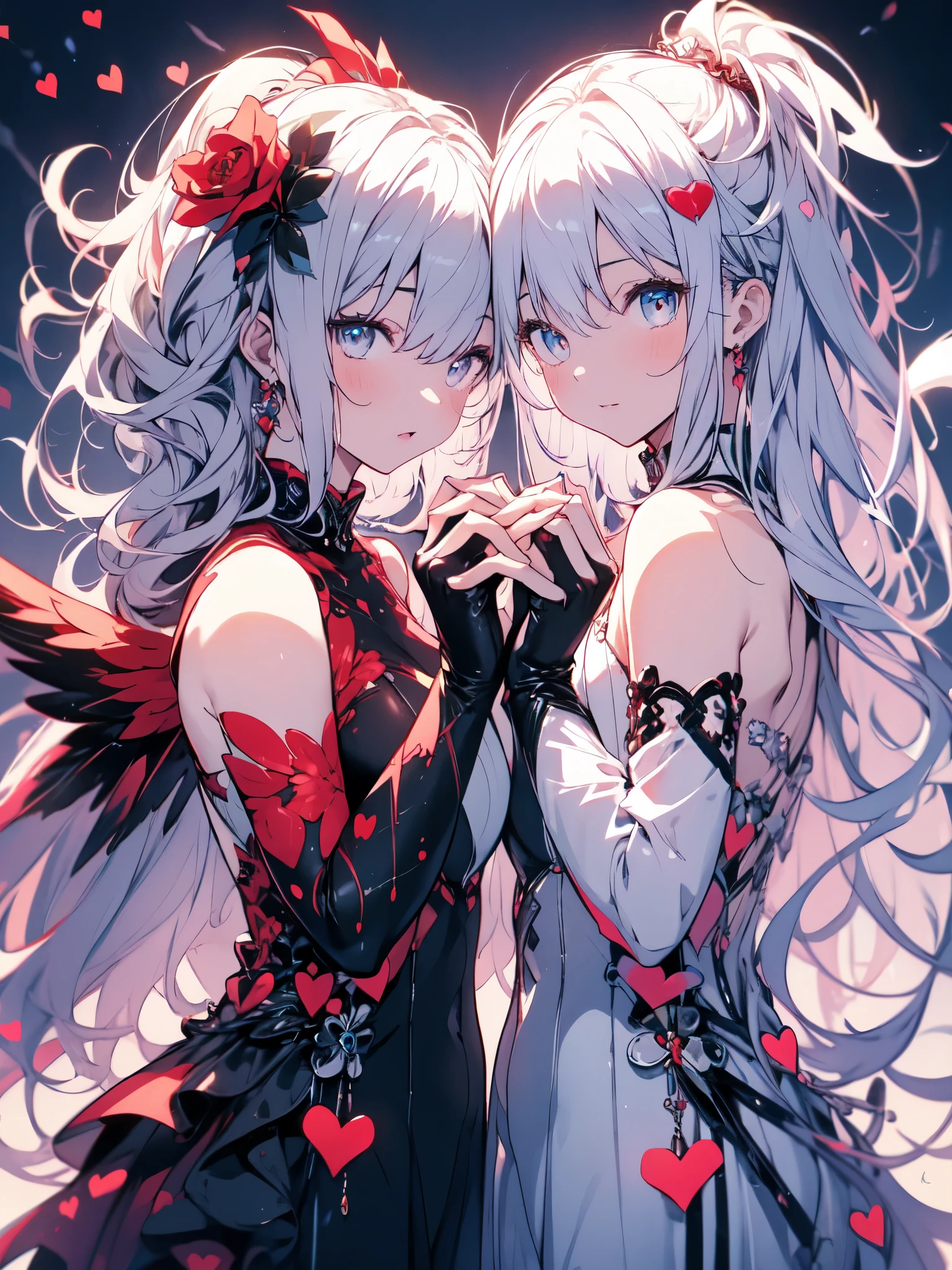 (masterpiece), best quality, expressive eyes, a couple of girls standing next to each other, by Pu Hua, featured on Artstation, gothic art, black and white with red hearts, each having six wings, beautiful gemini twins portrait, streaming on twitch, with long white hair, red dish, holding each other hands, anthro, beautifully rendered, HD