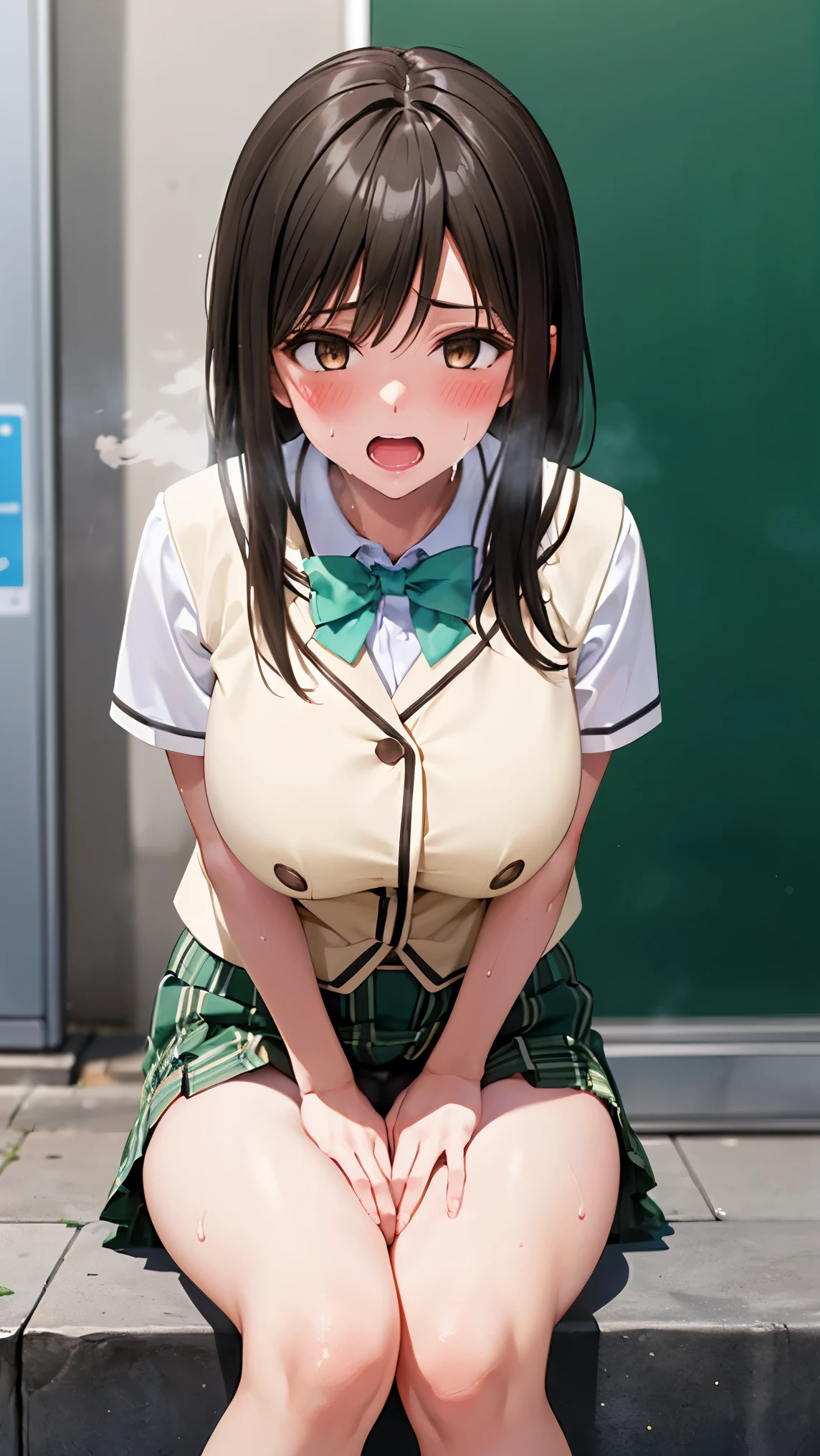 best quality,1girl,((big breasts:1.3)),curvy,((orgasm,blush,sweat,steam:1.3)),yui kotegawa, black hair, (brown eyes:1.5), long hair, green skirt, plaid, plaid skirt,((sainan high , school uniform)), skirt, short sleeves,((lift skirt,upskirt,white panties,lace panties:1.1)),thighhighs,remote controller, remote control,crotchAngle,head out of frame,lower body,have to pee,covering crotch,(((hand between legs))),knees together feet apart,リモコン