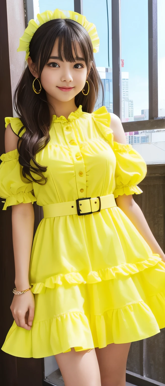 Cute Teen Idol Girl、whole body、Good style、、、、、、、、、、Thick legs、A pop candy frill dress in fluorescent yellow(、Cool belt)、Cute girl face、Glowing、