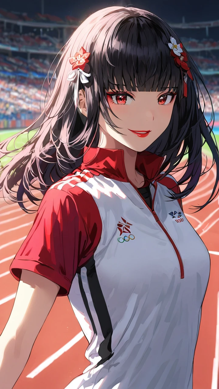 highest quality、masterpiece、1 girl, running track background、black hair :1.5、red eyes 、red lips, olympics uniform 、Black and white world、Black and white world、medium hair 、side blade,evil smile, blunt bangs , hair ornaments, 