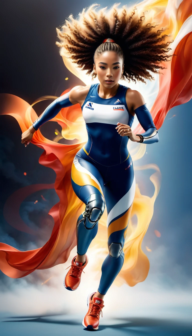 a  sports shot of a para Olympic game participant runner, (one of her legs) is mechanical prosthetic leg, a woman sports athlete, ((full body shot: 1.5)), ((anatomically correct: 1.5)) (ultra detailed face: 1.2), dynamic hair style, dynamic hair color, dynamic skin complexion, wearing track suit, sports shoes, running in the Olympics, she has (one mechanical leg), vibrant, Ultra-high resolution, High Contrast, (masterpiece:1.5), highest quality, Best aesthetics), best details, best quality, highres, 16k, [ultra detailed], masterpiece, best quality, (extremely detailed) RAW, photograph Cinematic Hollywood Film