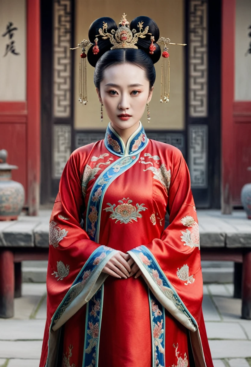 Chinese actress Ruyi Deng's Jyou Xun (Zhou Xun) similar face Qing Dynasty empress seen from the front wearing full-body empress red costume with open front, hairy cunt. Nudity. Chinese drama. Hair parted left and right from the center of the forehead with a large crown of a Chinese empress, tied back, hair tied up with ornamental hair, outside stone tatami of a Qing Dynasty Chinese palace.