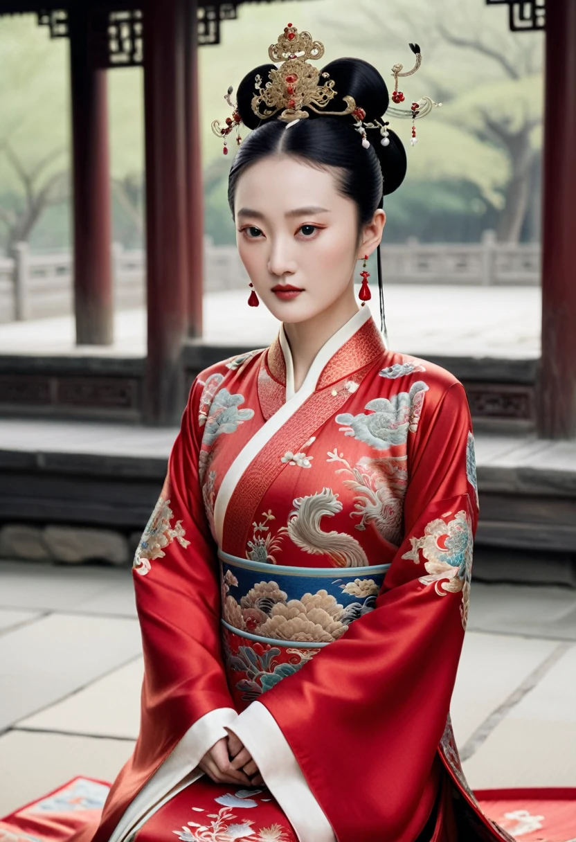 Chinese actress Ruyi Deng's Jyou Xun (Zhou Xun) similar face Qing Dynasty empress seen from the front wearing full-body empress red costume with open front, hairy cunt. Nudity. Chinese drama. Hair parted left and right from the center of the forehead with a large crown of a Chinese empress, tied back, hair tied up with ornamental hair, outside stone tatami of a Qing Dynasty Chinese palace.