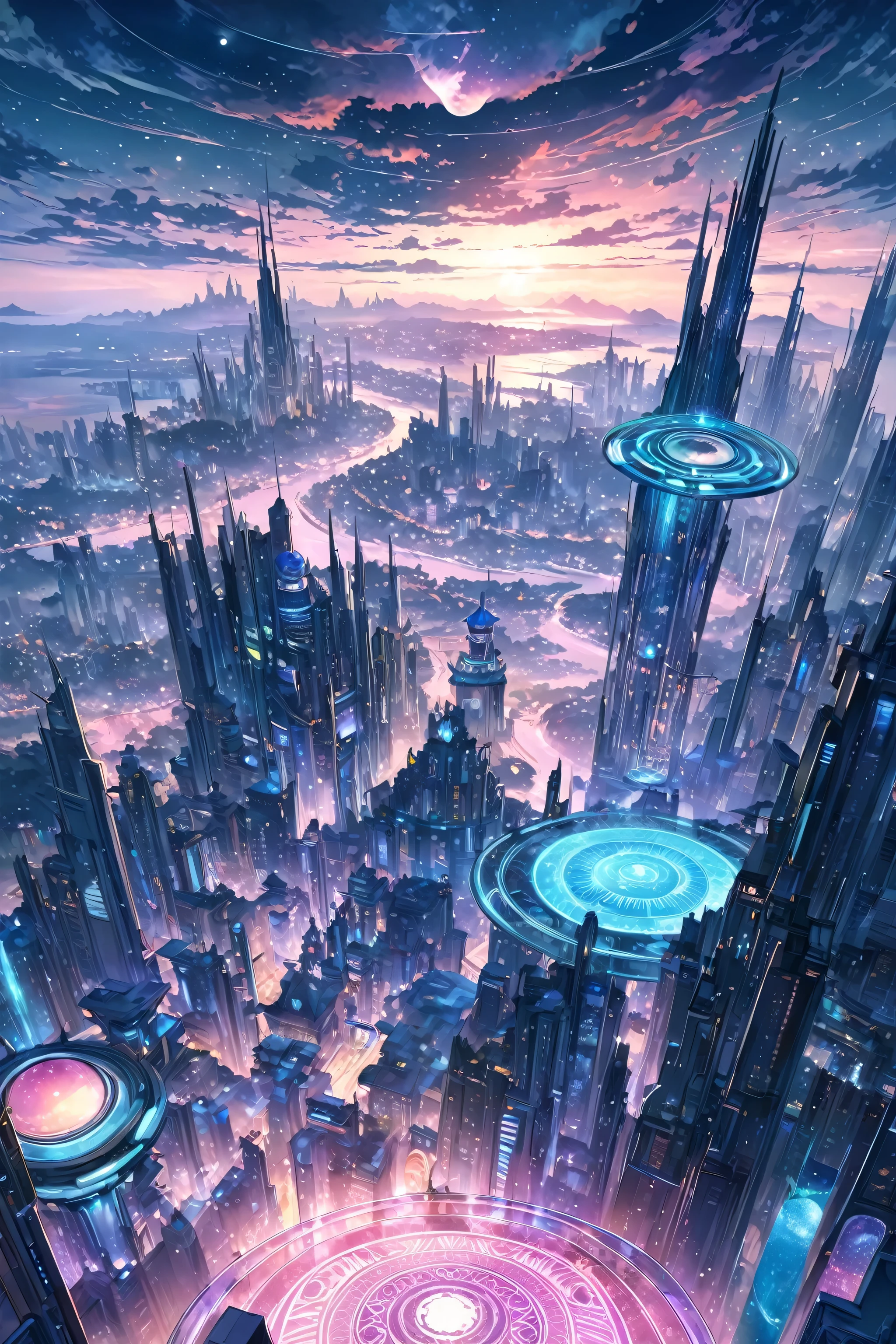 A painting of a Highly detailed, beautiful landscape, Futuristic city fantasy city, metropolitan, futuristic city with magic circle, beautiful beach, concept art inspired by Tosa Mitsuoki, pixiv contest winner, best quality, fantasy art, beautiful anime scene, dream painting, Anime Background Art, Fantasy Landscape Art, Fantasy Night, Anime Background, Background Artwork, Fantastic Art, Atmospheric Anime, Night Sky, Detail Enhanced.
