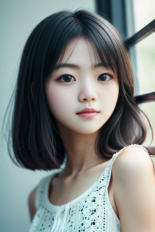 Tabletop, 最high quality, RAW Photos, Absurd, Award-winning portrait, alone, beautiful girl, 18-year-old, 8k, View your viewers, Digital SLR, Colorful, nature, Frank, White Elegance Eyelet Frill Sleeveless Shirt, Sophisticated, Zola々right, (Thin arms, Skin with attention to detail:1.2), Cute Face, Soft lighting, high quality, Film Grain, chromatic aberration, Bluish black eyes、Black-haired