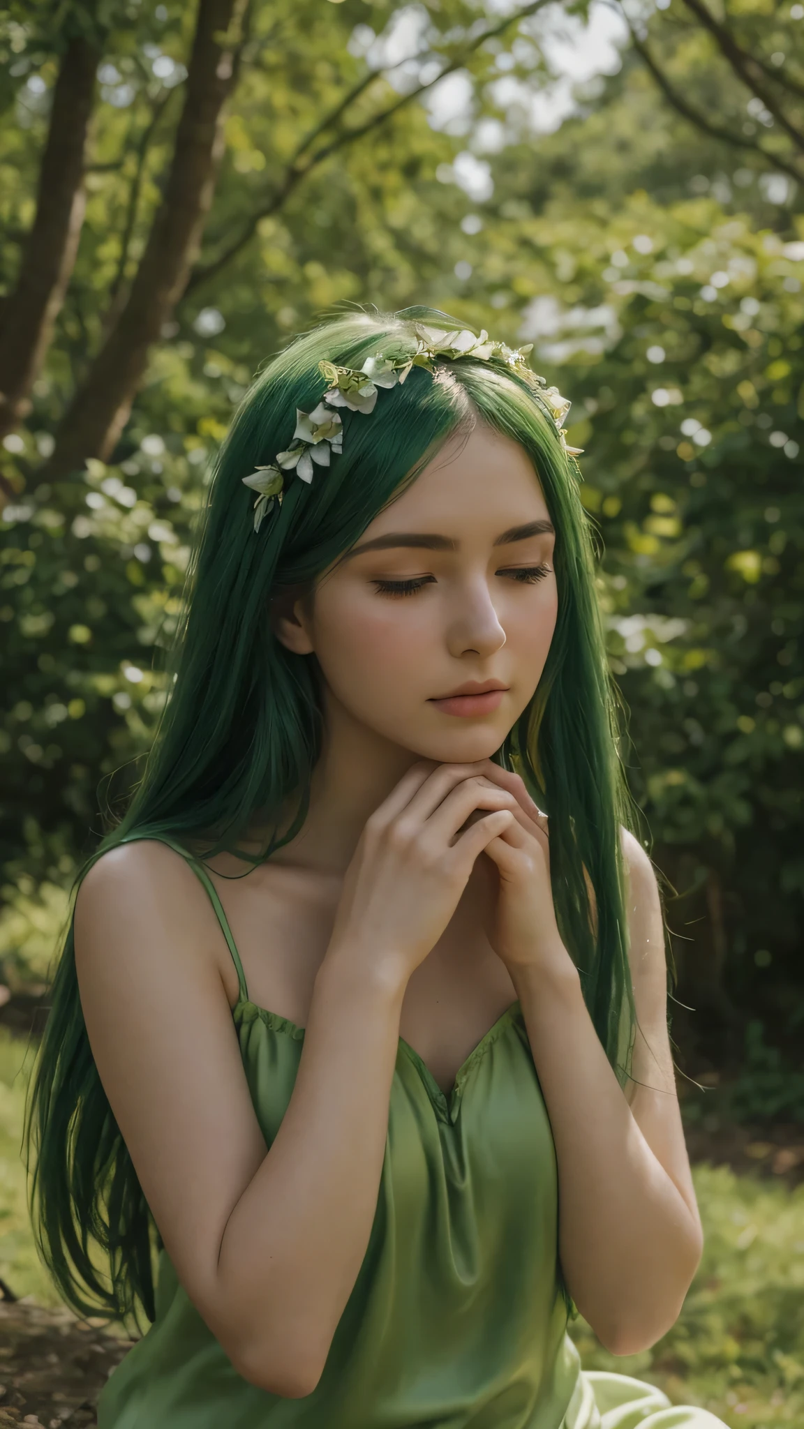 a girl. face sent feeling. Europe. Oval face. long face. delicate facial features. half-closed eyes. seductively seductive. green eyes. long straight hair. green hair. wreath on head. Sad. shy. green silk nightgown. shy sitting posture. straight face. outdoor