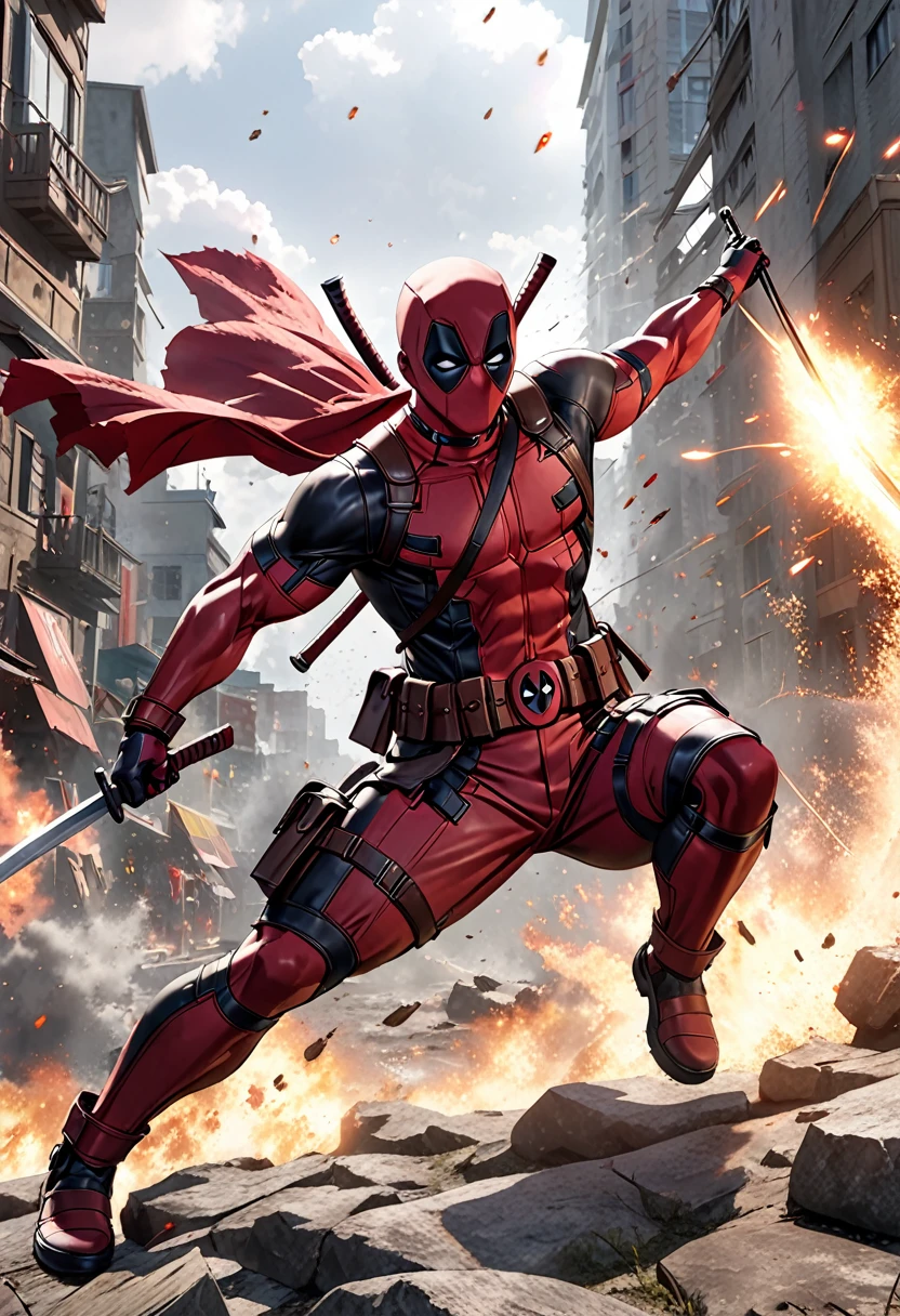 Deadpool, brave battle scenes, realistic, background cinematic CG, 2.5D, delicate and dynamic, powerful effects, slow motion effects