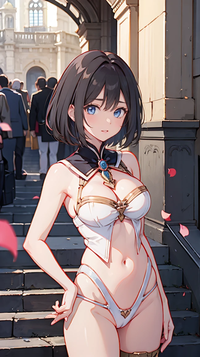 best quality, official art, masterpiece, textile shading, HDR, very detailed, colorful, best details, fantasy, battle suit:1.5,  1 female, 25 years old, black hair, short hair, up bang hair, one length, standing on stairs, a castle town with an old castle view, sunny, random hair, big breast, skinny, Surrounded by a large crowd:1.9, Confetti flutters, Blessed, Being welcomed:1.5, cameltoe:1.3, ground level shot:,