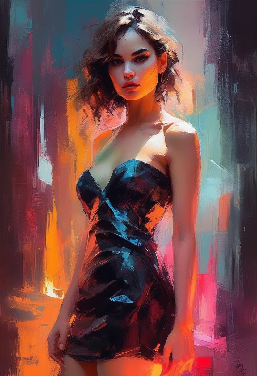 (llyjmscnd woman) art: Henry Asencio, close-up, lava lamp captured in ultra-realistic style, posing in the undulating glow of a neon atmosphere reminiscent of Syd Mead's futuristic aesthetic, the lava inside the lamp seamlessly morphs, soft focus background, neon glow, digital painting, dramatic lighting , artstation trend, sharp focus, studio photo, intricate details, high detail, cleavage, sexy, thigh, short skirt