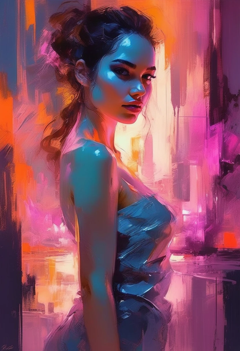 (llyjmscnd woman) art: Henry Asencio, close-up, lava lamp captured in ultra-realistic style, posing in the undulating glow of a neon atmosphere reminiscent of Syd Mead's futuristic aesthetic, the lava inside the lamp seamlessly morphs, soft focus background, neon glow, digital painting, dramatic lighting , artstation trend, sharp focus, studio photo, intricate details, high detail, cleavage, sexy, thigh, short skirt