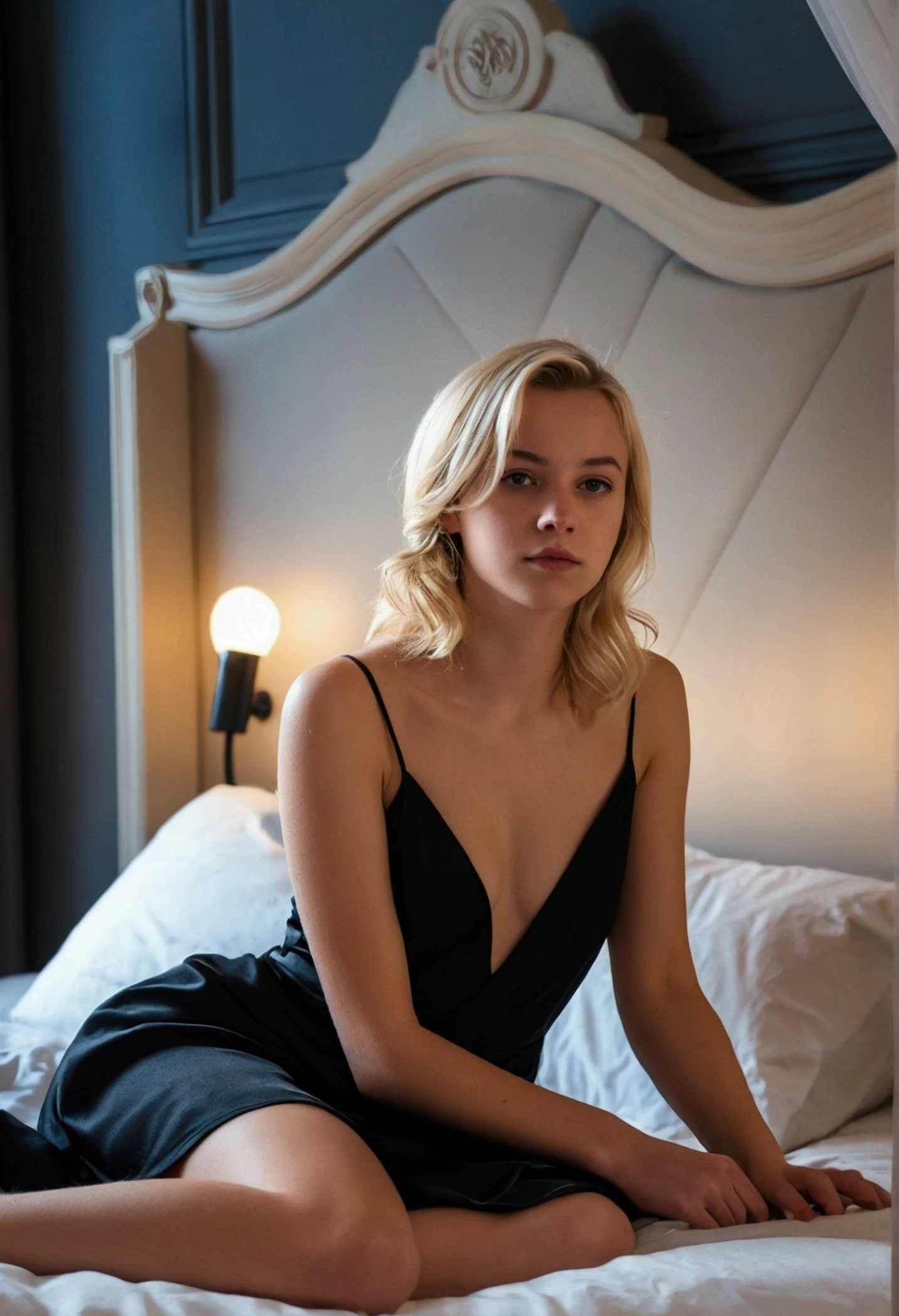 photographie couleur, plan médian, Robe noir, ((Une photo réaliste d&#39;une belle jeune fille blonde de 25 ans)) sur un lit dans sa chambre a coucher 