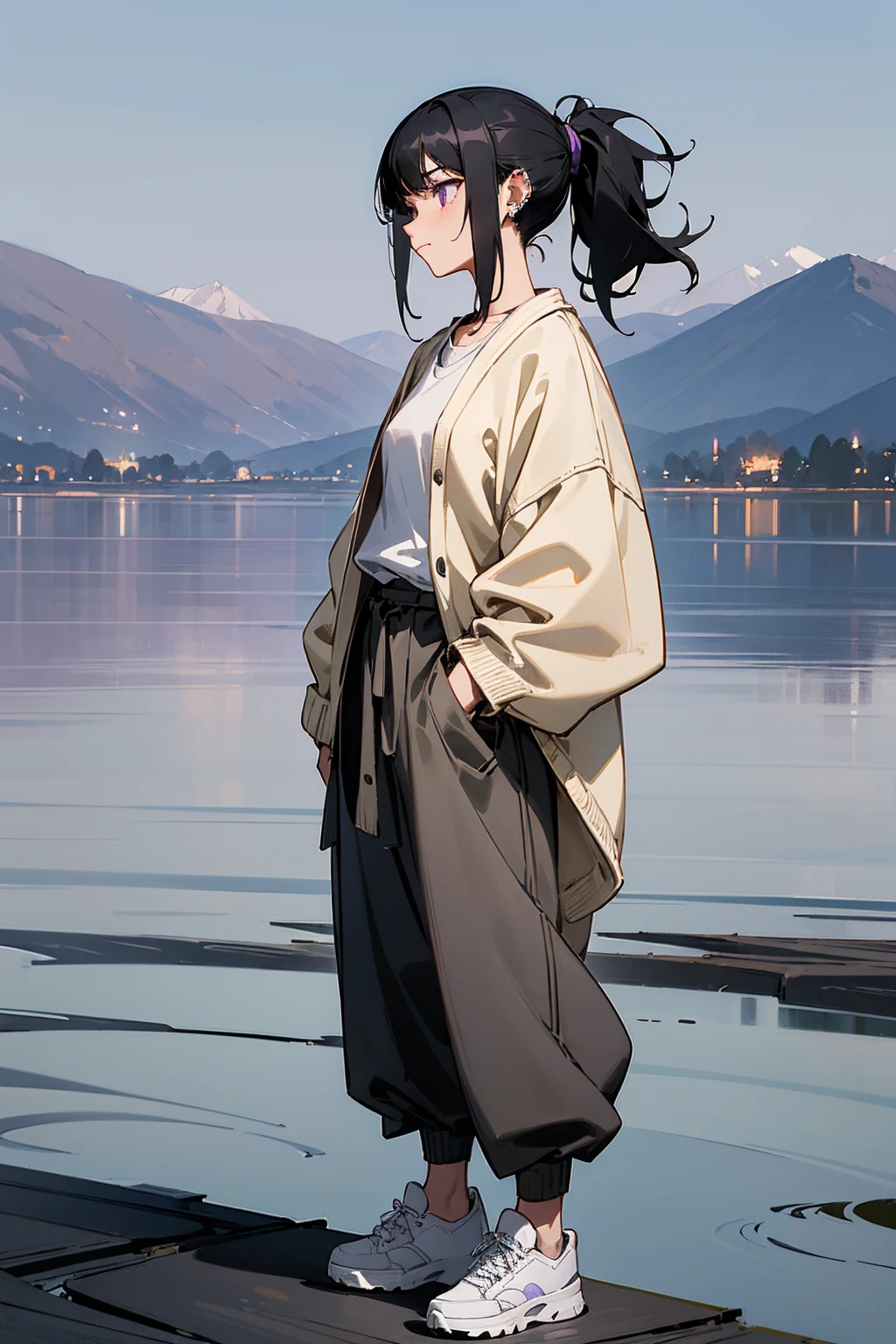 1female, jet black hair, styled in a relaxed low ponytail, piercing violet eyes, calm expression, oversized beige cardigan with a cozy texture, baggy charcoal gray trousers, white slip-on sneakers, a simple silver locket, serene lakeside background with gentle ripples and distant mountains, detailed face, hands to side, standing on path