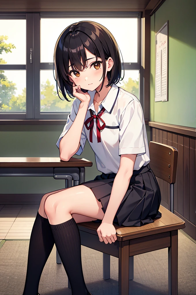 Masterpiece, Highest quality, High chroma, Japanese high school boys, Black Hair, short hair, Brown eyes, Short Hair, school uniform, , Mature, cool, Bored look, classroom, Cheek resting on hand