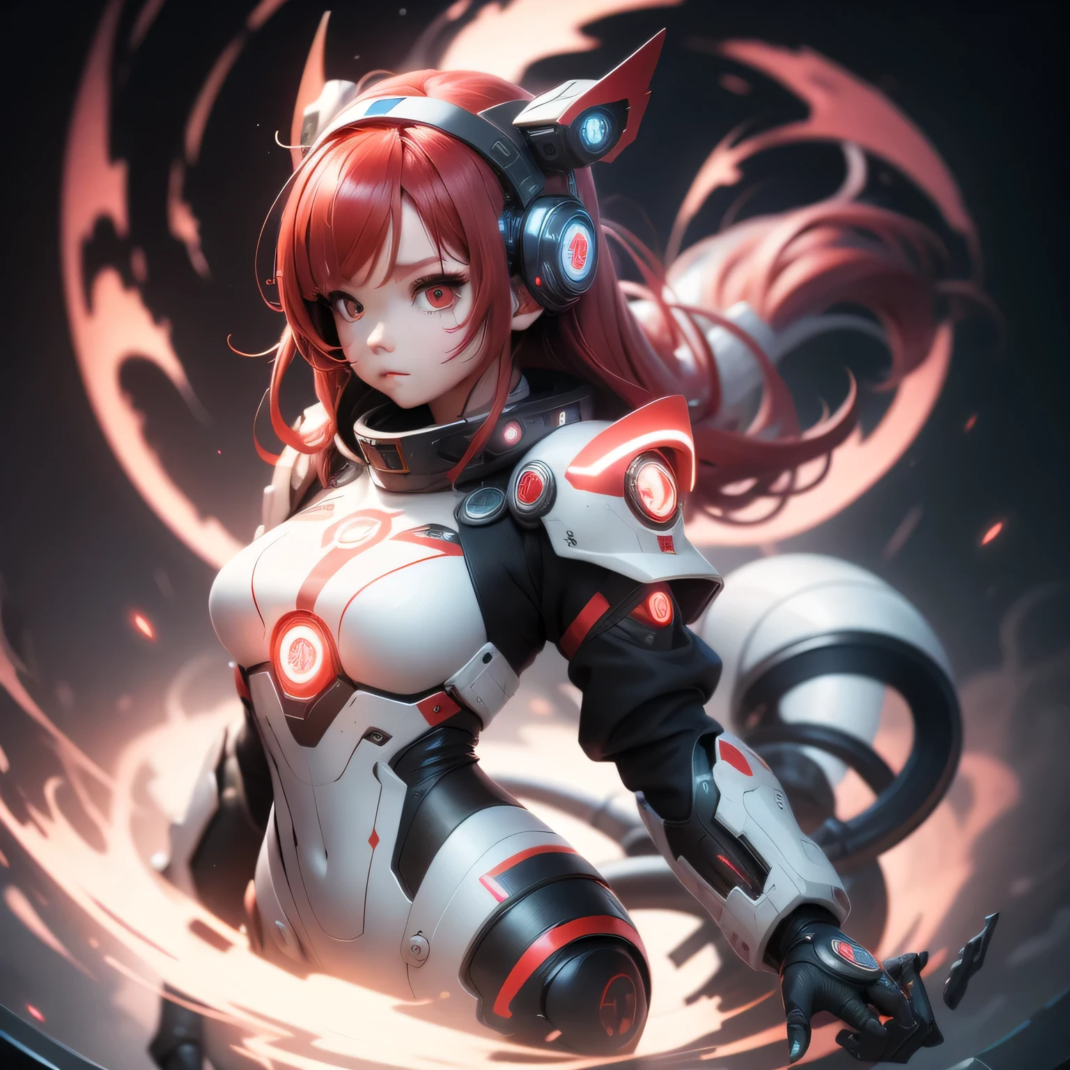 Mechagirl,masterpiece,bestquality,1girl,redhairmediumhairtopknot,glowingeyes, red, white, full body