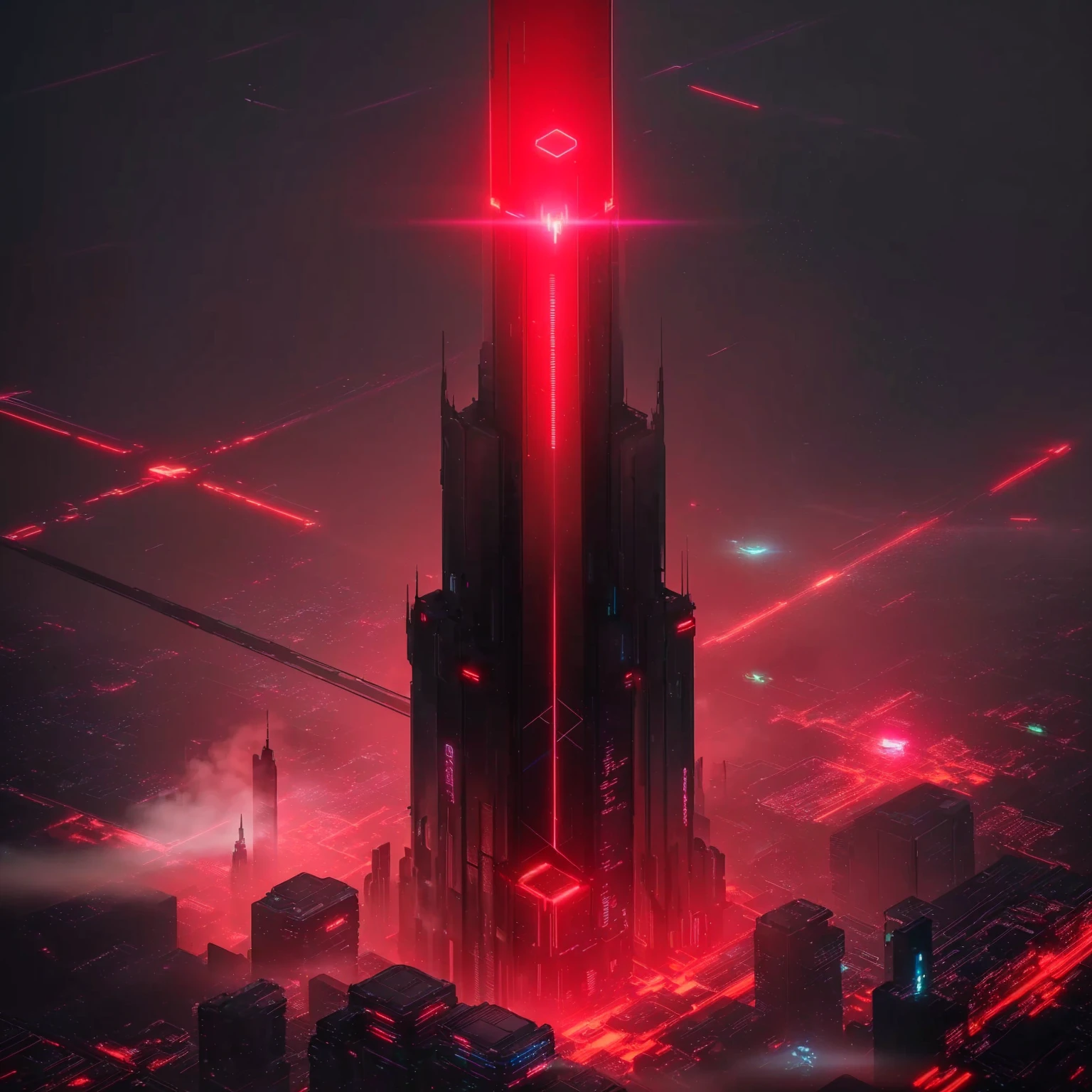futuristic city with a green light shining on the top of it, artgem and beeple masterpiece, artem demura beeple, arstation and beeple highly, bastien grivet, cyberpunk cathedral, petros afshar speedart, cyberpunk blade runner art, beeple artwork, sins inc skyscraper front, digital cyberpunk anime art renn and blue colors