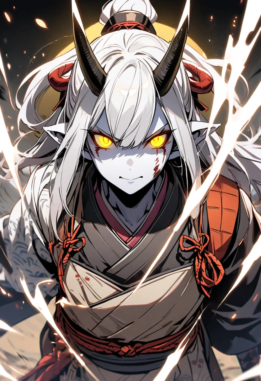 White hair, horns, white skin, samurai, glowing eyes, yellow eyes, long ears