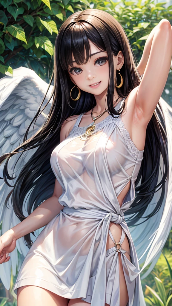 Realistic photos, Best Quality, Background is white、young woman, 30 years old、Singing Angel、Brown eyed brunette, Mature、big hoop earrings, Bob Style、Black Hair, She's One Piece、HANAKO character、Note pattern、Not see-through、Upper Body、Smiling and mischievous, Open your mouth, Black Hair, Long Hair, solo, Crescent-shaped earrings, 