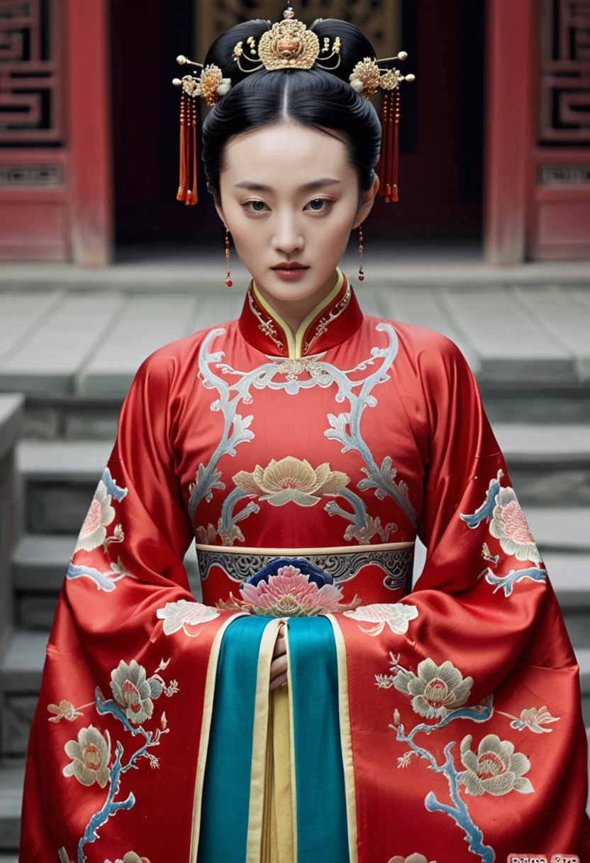 Chinese actress Ruyi Den's Jo Shun (Zhou Xun) similar face Qing Dynasty empress seen from front full body empress red costume open large chest hair deep cunt.
Nudity. Chinese drama.
Hair parted left and right from the center of the forehead with a large crown of a Chinese empress, tied back, hair tied up with ornamental hair, outside stone tatami of a Qing Dynasty Chinese palace.