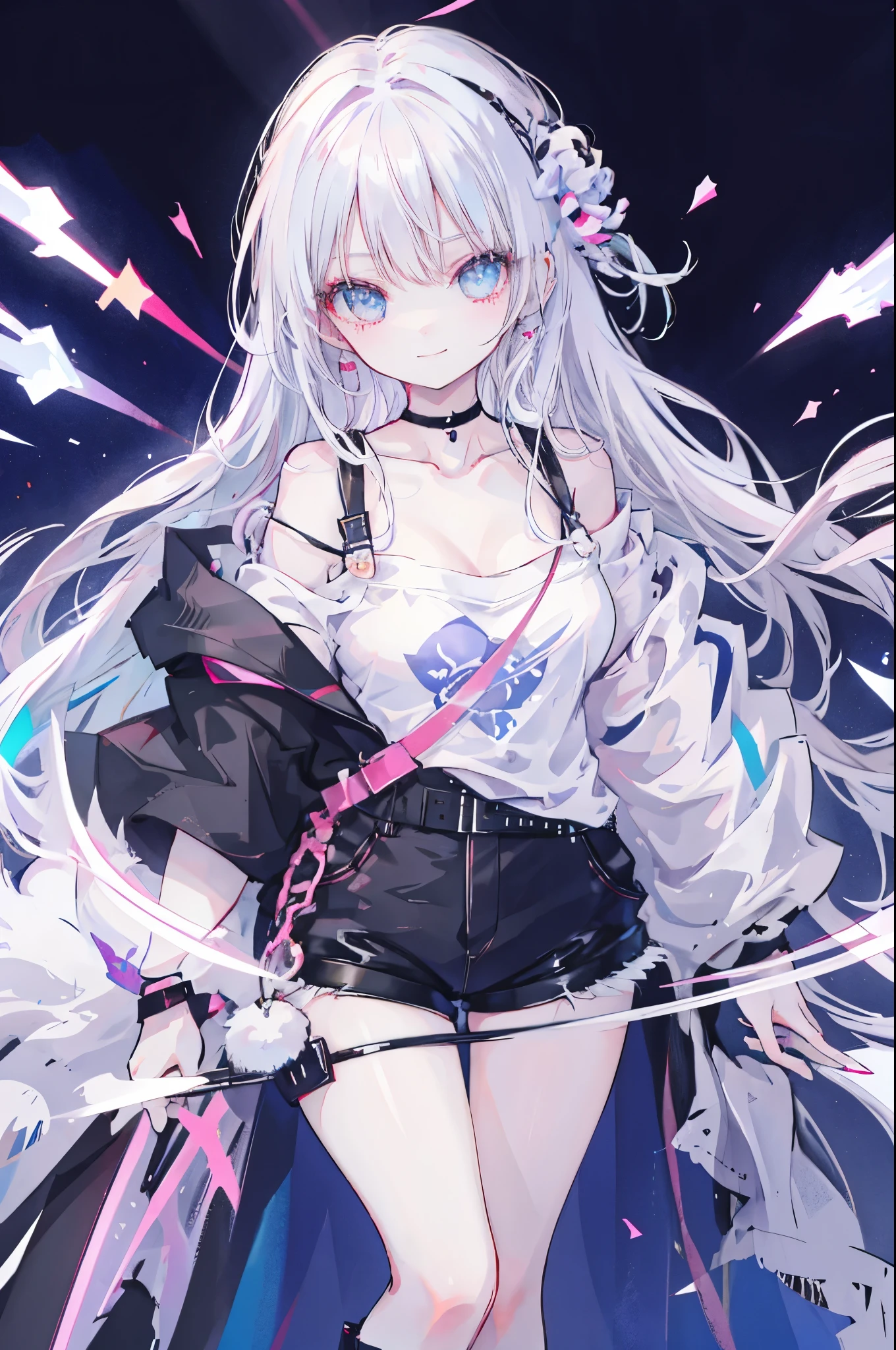 Highest quality,smile,woman,woman1人,adult,cute,Long Hair,White Hair,Light blue eyes,Sparkling eyes, Black off-the-shoulder top,Black shorts,Piercing,Black choker, Pink background,