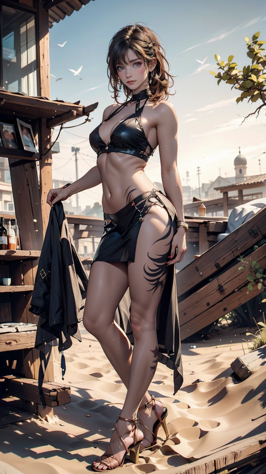 A woman with body paint in colors that mimic desert sand and a sunset、Standing on a sand dune、Stiletto heels