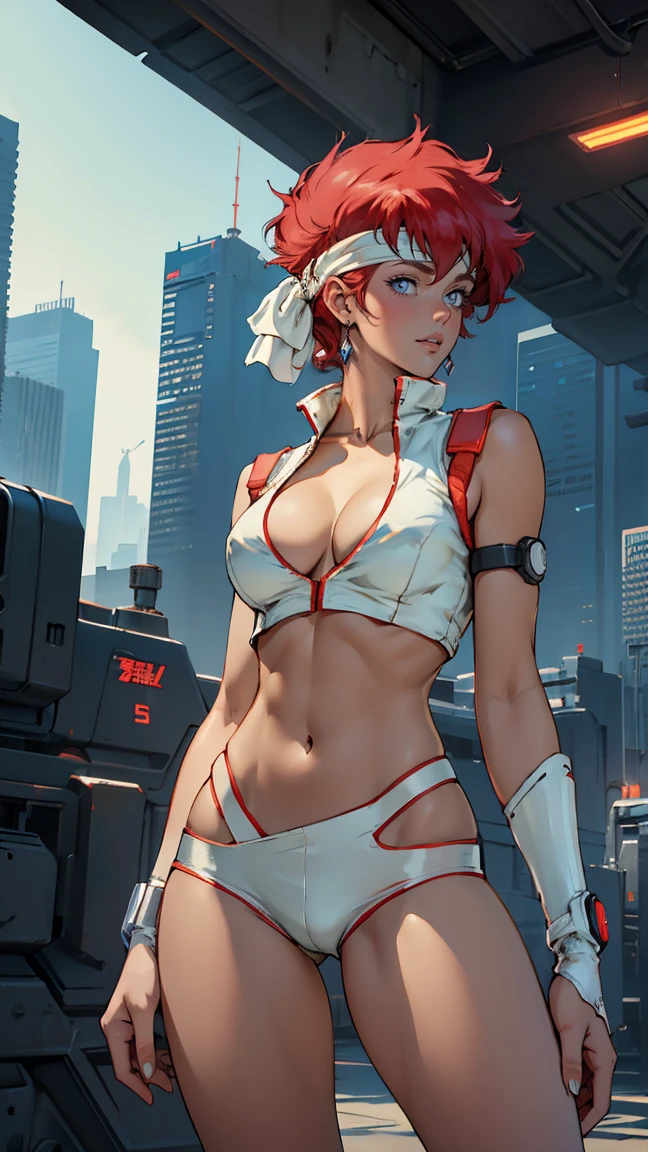 ((Masterpiece, highest quality; 1.3)), super quality, beautiful detail, super detailed, extra fine, 16K, exquisite, absurd, high resolution, beautiful background, detailed background, beautiful eyes, beautiful skin, anime style, Kay from Dirty Pair in a white outfit, tight outfit, cleavage, bushy redhead beauty, very light blue uniform, wearing tight clothes, skimpy, (mid chest: 1.2), cleavage, cleavage, slim waist , thin waist, slim thighs, thin legs, slim legs. thigh gap, showing stomach, skinny, thin hips, cyberpunk city background, retro space gun holding, headband,