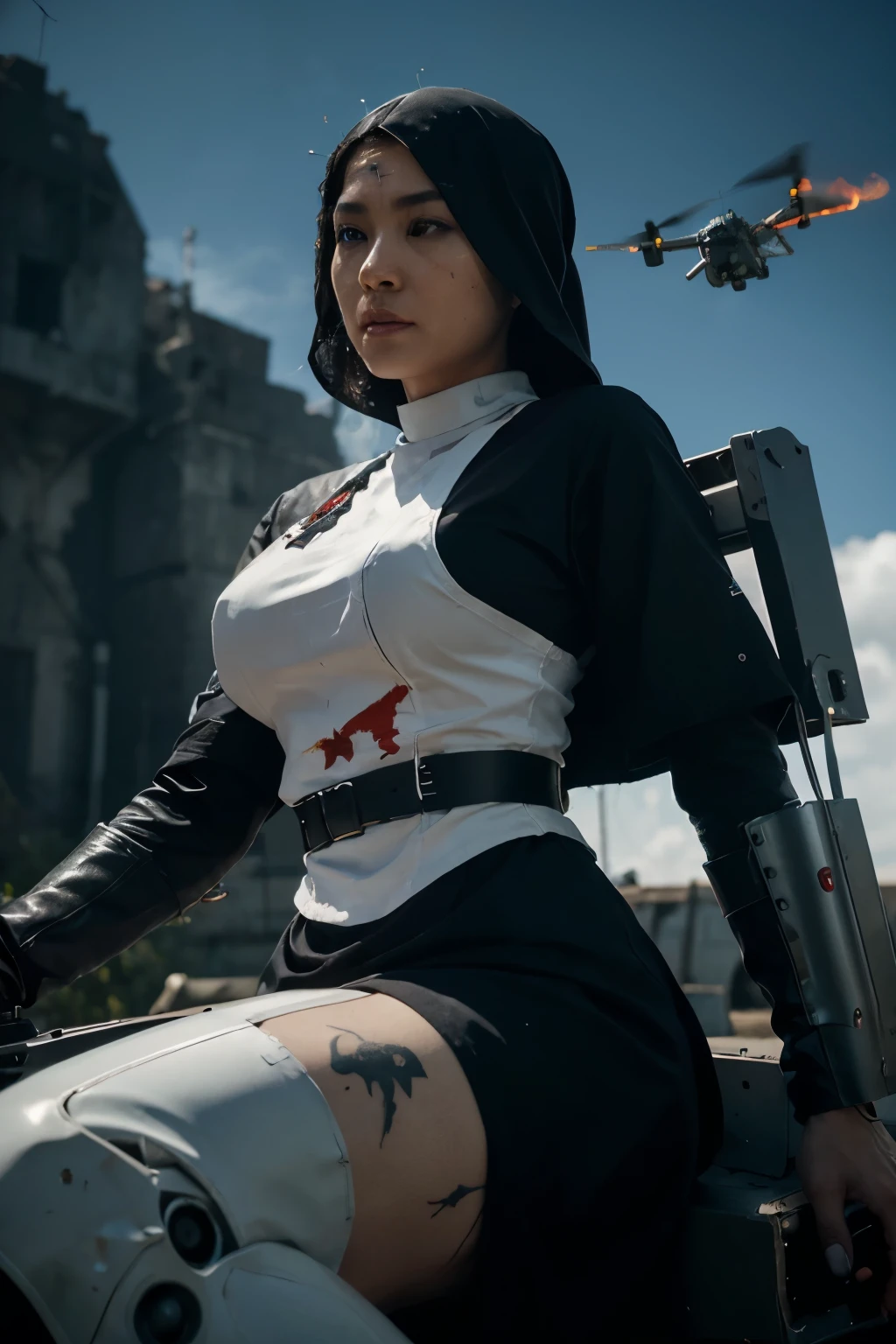 4-panel photorealistic sequence, Hyper realistic movie war scene. Powerful close-up shot photo interesting top view. A Robot similar shape like a Crow flying on sky, A fuly fun face japanese woman (nun costume cosplay to show tattoo), sitting inside the control a crow. it's holding futuristic rifle fires energy blasts. It's flying on sky, rocks path beside the stream, are visible in the background. scratches and war stained on robot. some flying drones. flames and smoke. cinematic lighting, high-details, high-contrast UDR10+