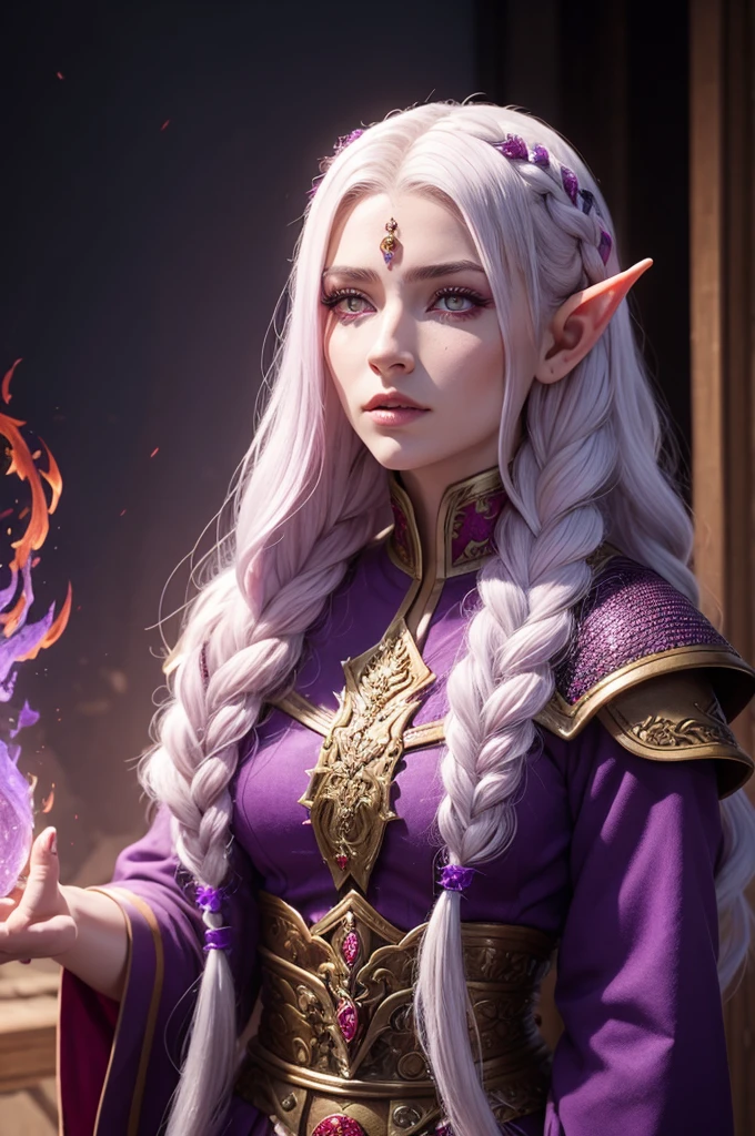created a young woman half-elf with red dragon scales on her face with braided white hair and purple eyes, wearing royal clothes and with fire magic and her hand
